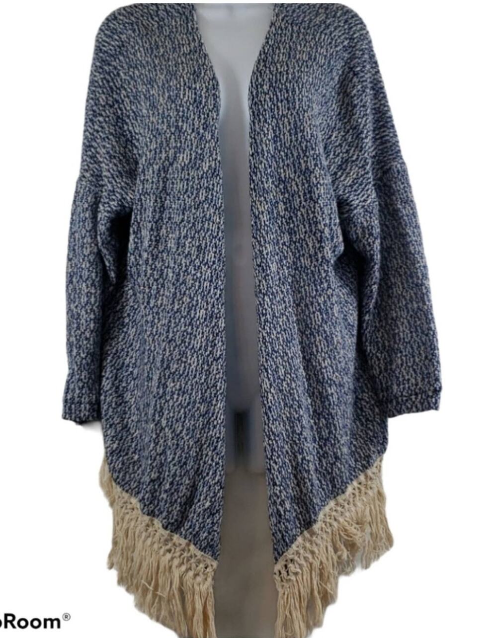Paper Crane Knit/Fringed Open Front Blue and White Long Sleeve Cardigan M